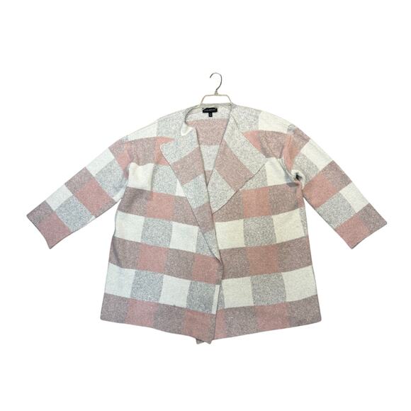 Lane Bryant Checked Pink and Gray Open Front Cardigan - Picture 1 of 8